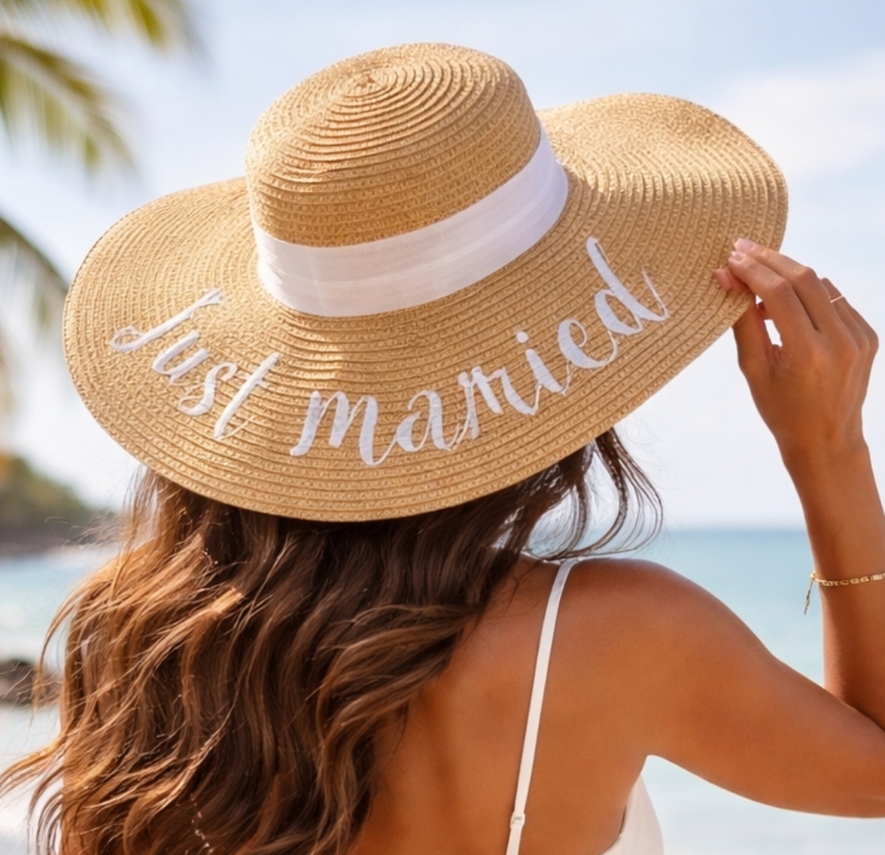 Bride Socks AND CC Just Married Floppy Straw Beach Sun Hat White Lettering
